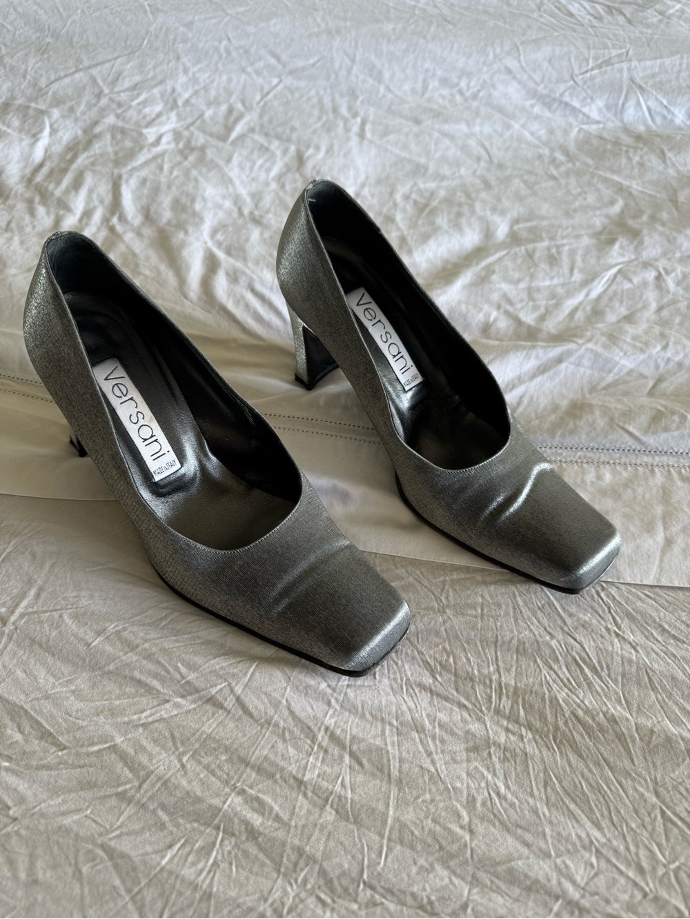 Versani Metallic Gray Square Toe Block Heels